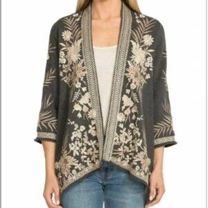 Johnny Was Othilia Embroidered Crane Kimono Cardigan Gray Cream Size S